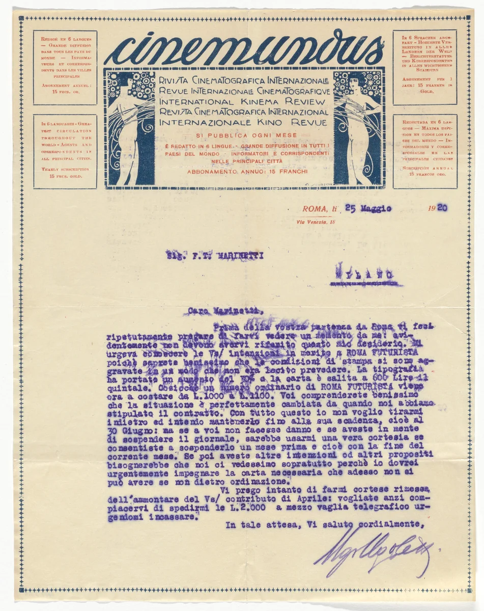 Cinemundus Magazine letterhead (Letter to Marinetti) by Unidentified Designer, design, 1920