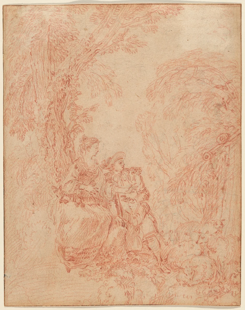 A Shepherd and Shepherdess Seated under a Tree by Antoine Watteau, drawing, 1710