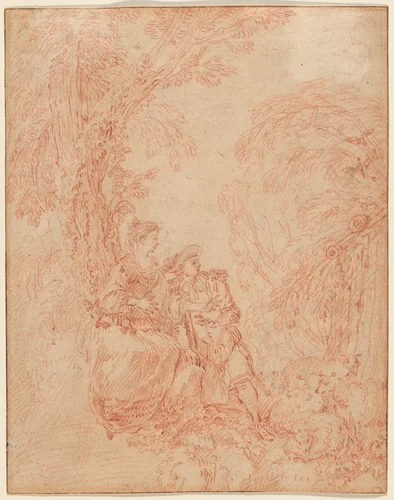 A Shepherd and Shepherdess Seated under a Tree by Antoine Watteau, drawing, 1710