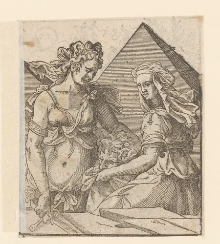 Judith en haar dienstmaagd met het hoofd van Holofernes by anonymous, print, 1580