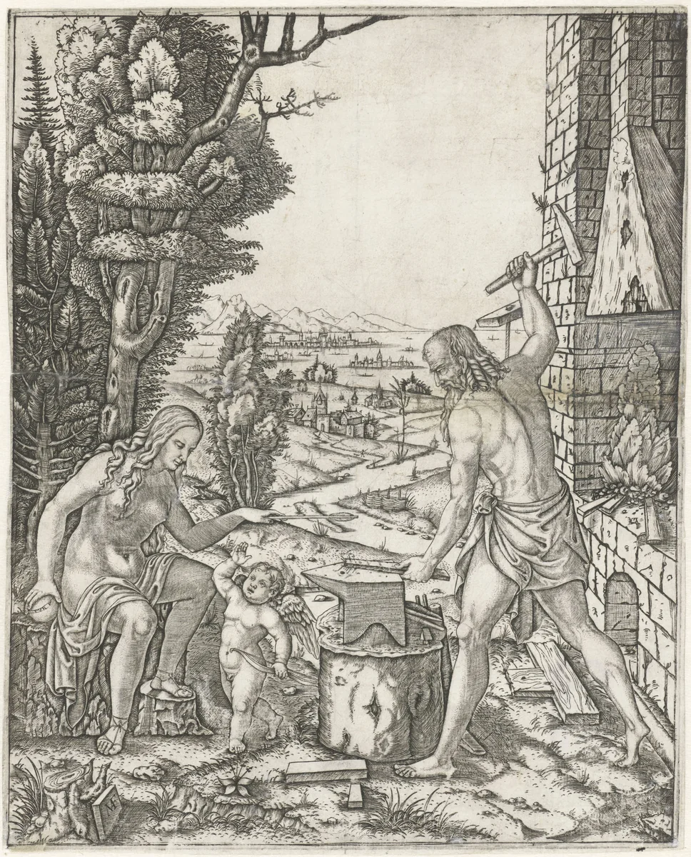 Vulcanus smeedt pijlen en vleugels voor Amor in aanwezigheid van Venus by Unknown, print, 1510-1527