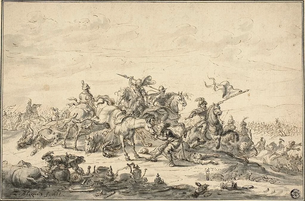 Battle Scene with Horsemen by Zacharias Blyhooft, drawing, 1658
