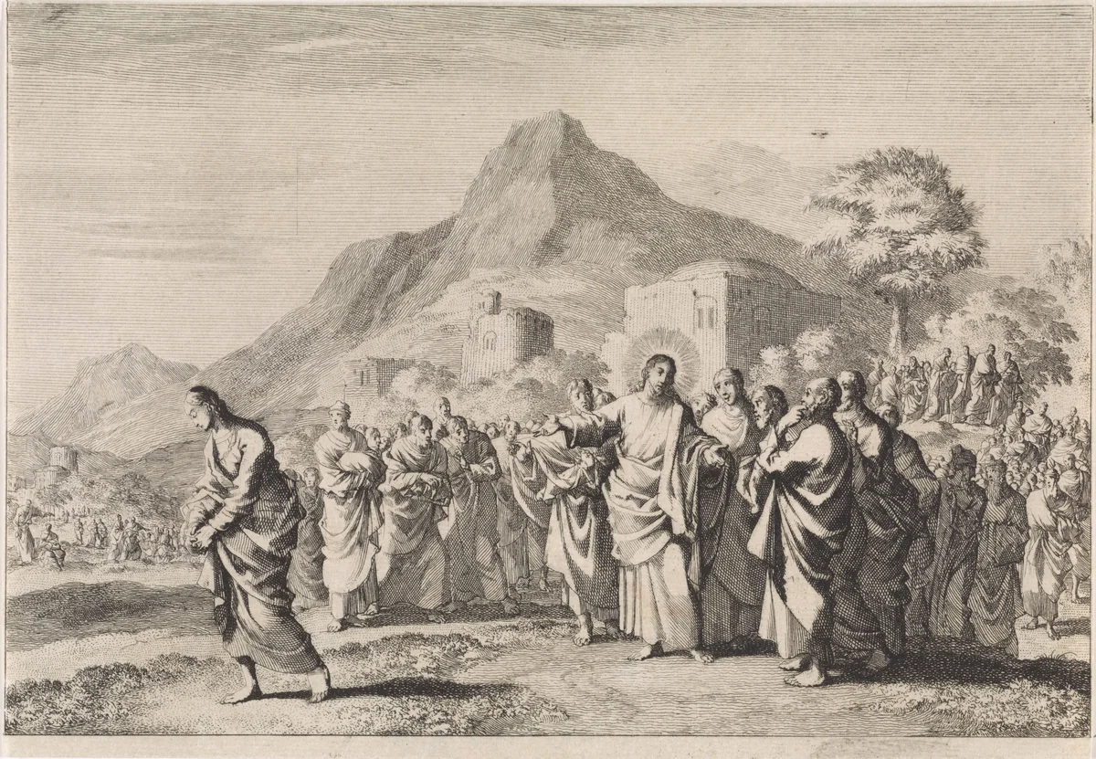 Christus geeft raad aan een rijke jongeling by Jan Luyken, print, 1700