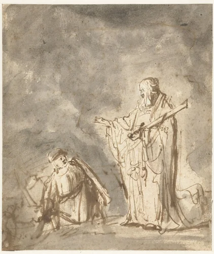 De bode van God verschijnt aan Jozua by Ferdinand Bol, drawing, 1640-1645