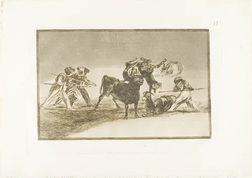 The Moors use donkeys as a barrier to defend themselves against the bull whose horns have been tipped with balls, plate 17 from The Art of Bullfighting by Francisco José de Goya, print, 1814-1816