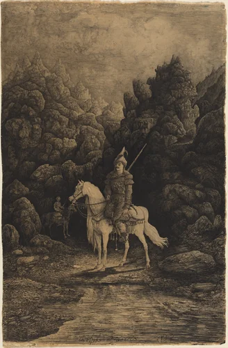 Oriental Horseman in a Desolate Mountain Landscape by Rodolphe Bresdin, drawing, 1858