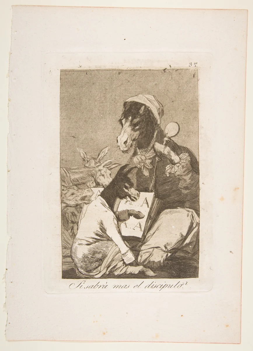 Plate 37 from "Los Caprichos": Might not the pupil know more? (Si Sabrá mas el discipulo?) by Goya, print, 1799