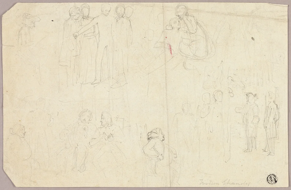 Sketches for Tristram Shandy (recto); Sketches of Medallion with Seated Allegorical Figure (verso) by Thomas Stothard, drawing, 1796-1834