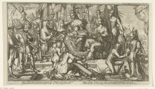 Allegorie met de rechthoven van Holland en Zeeland by Romeyn de Hooghe, print, 1704-1706