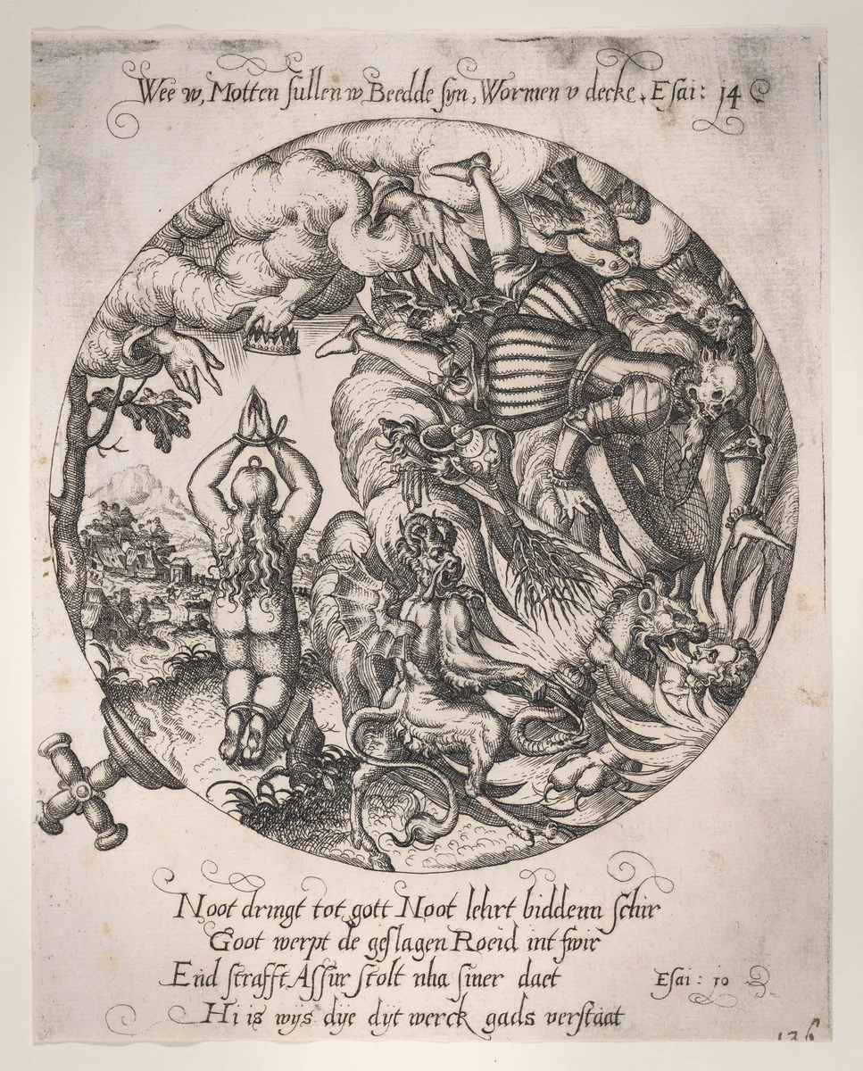 Woe to you, Maggots will be in your bed, and worms your coverlet (Isaiah 14:11), plate 4 from a series of Four Allegories of the Netherlands by anonymous, print, 1565-1577