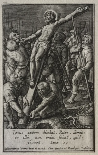 The Passion: The Raising of the Cross by Hieronymus Wierix, print, 1614-1624
