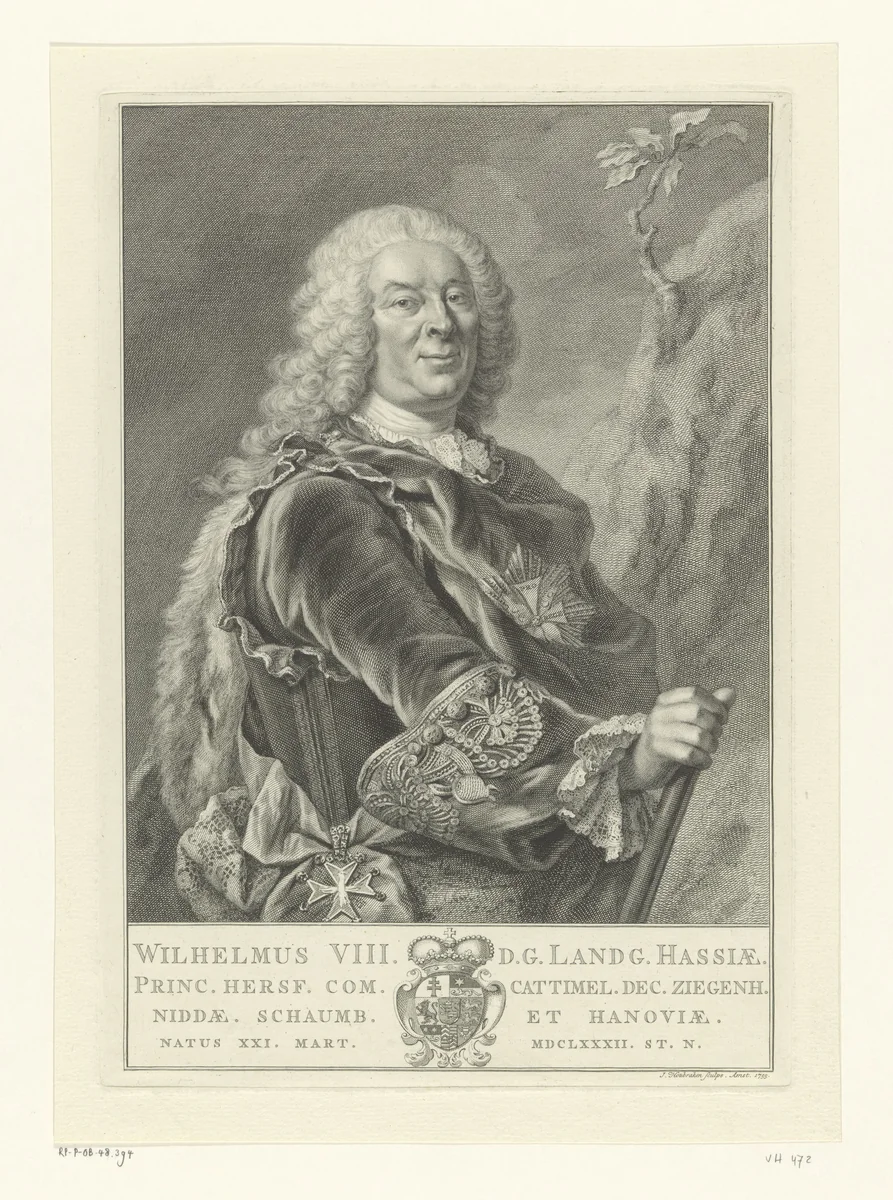 Portret van Willem VIII, landgraaf van Hessen-Kassel by Jacob Houbraken, print, 1755