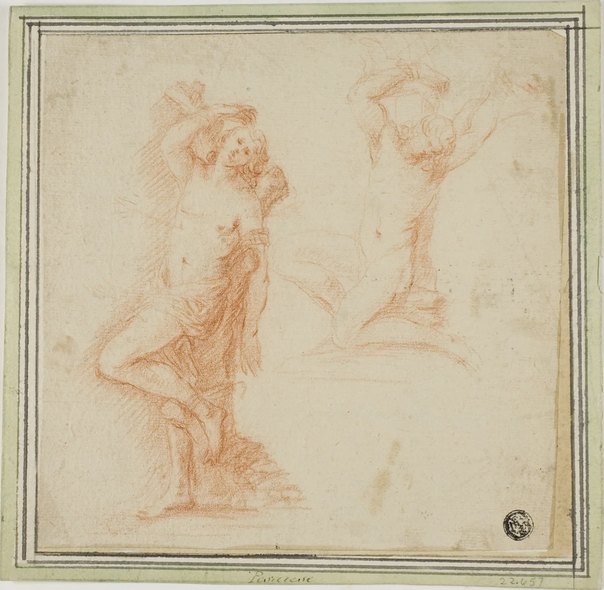 Two Sketches of Saint Sebastian by Simone Cantarini, drawing, 1634-1644