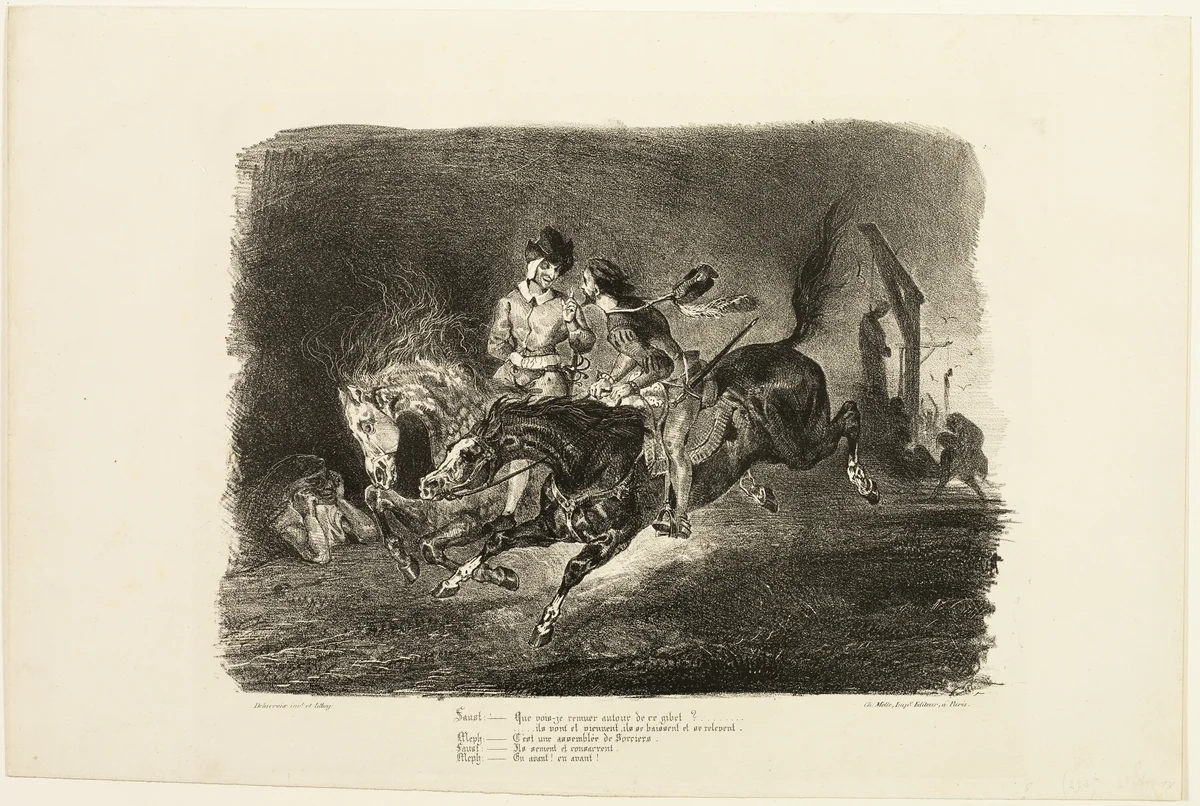 Faust and Mephistopheles Galloping Through the Night of the Witches' Sabbath, from Faust by Eugène Delacroix, print, 1828