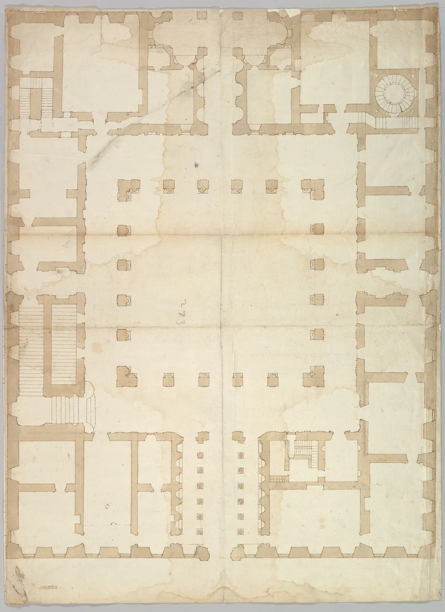 Palazzo Farnese, plan, ground floor (recto) blank (verso) by anonymous, drawing, 1500-1560