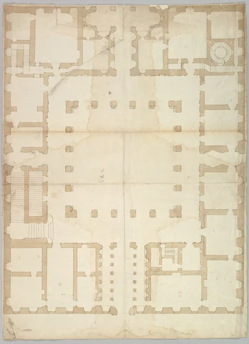 Palazzo Farnese, plan, ground floor (recto) blank (verso) by anonymous, drawing, 1500-1560