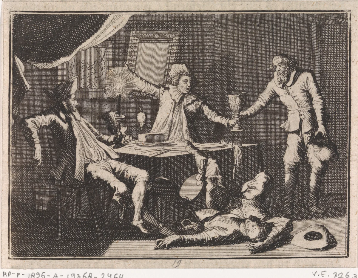 In een spookhuis biedt een oude man drie studenten drank aan waarna er een dood neer valt by Caspar Luyken, print, 1710