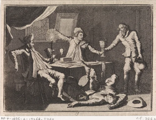 In een spookhuis biedt een oude man drie studenten drank aan waarna er een dood neer valt by Caspar Luyken, print, 1710