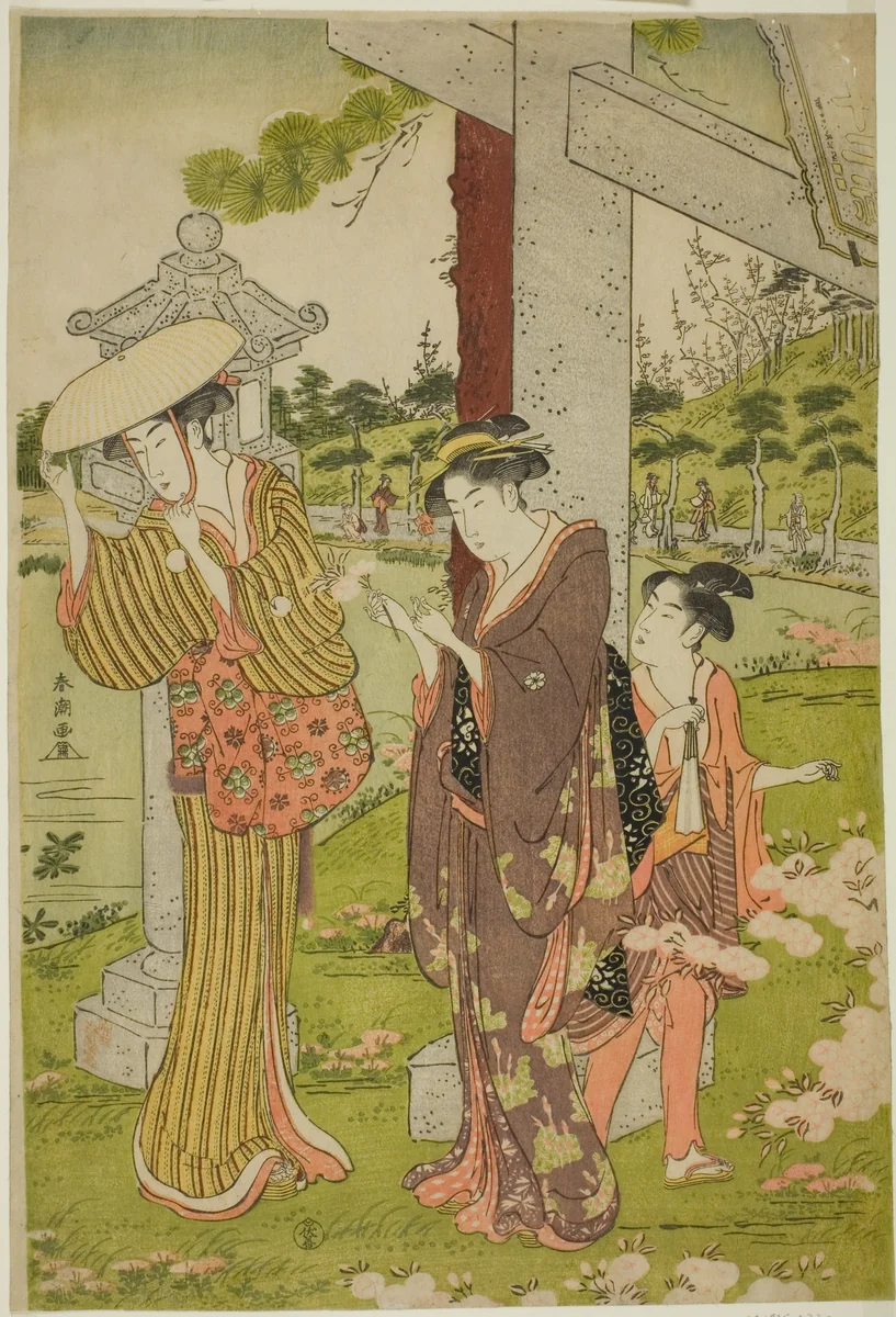 Picking Flowers at Kumano Junisha Shrine in Tsunohazu by Katsukawa Shuncho, print, 1785-1789