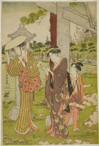 Picking Flowers at Kumano Junisha Shrine in Tsunohazu by Katsukawa Shuncho, print, 1785-1789
