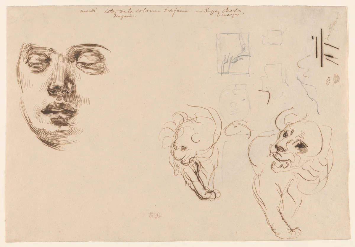 Portrait of a Woman with Eyes Lowered; Two Sketches of Lions by Eugène Delacroix, drawing, 1821