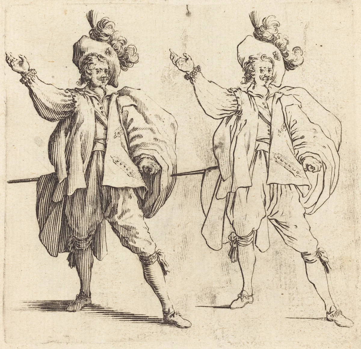 Officer with Large Plume, Front View by Jacques Callot, print, 1621-1624