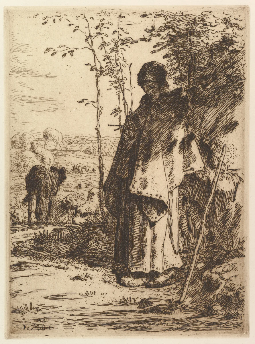 Shepherdess Knitting by Jean-François Millet, print, 1862