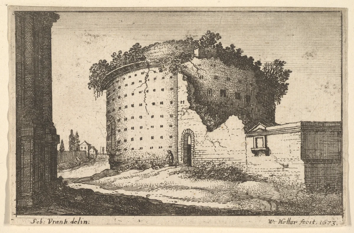 Ruins of a round building, from "Roman Ruins" by Wenceslaus Hollar, print, 1673