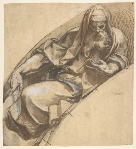 Seated, Bearded Man Holding a Banderole by Paolo Farinati, drawing, 1524-1606