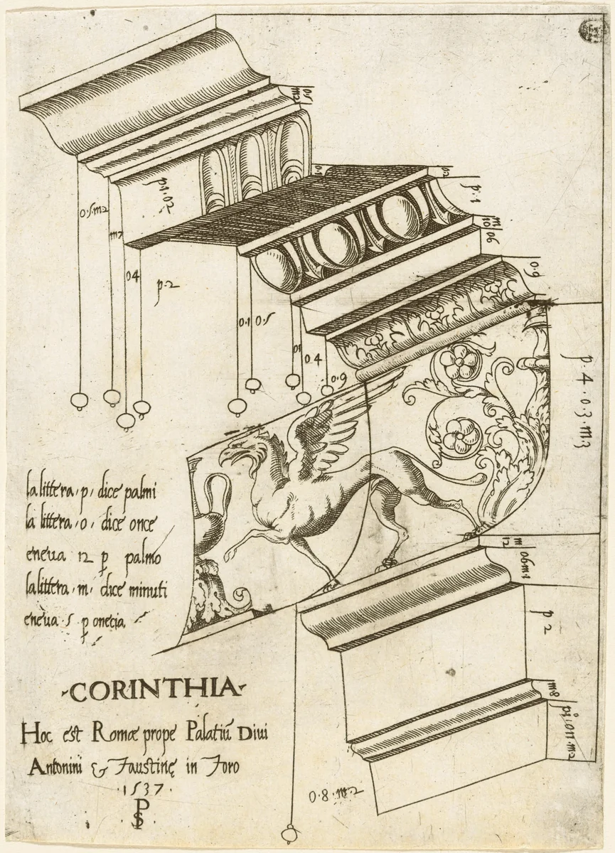 Entablature from the Temple of Antoninus and Faustina, Rome by Master PS, print, 1537