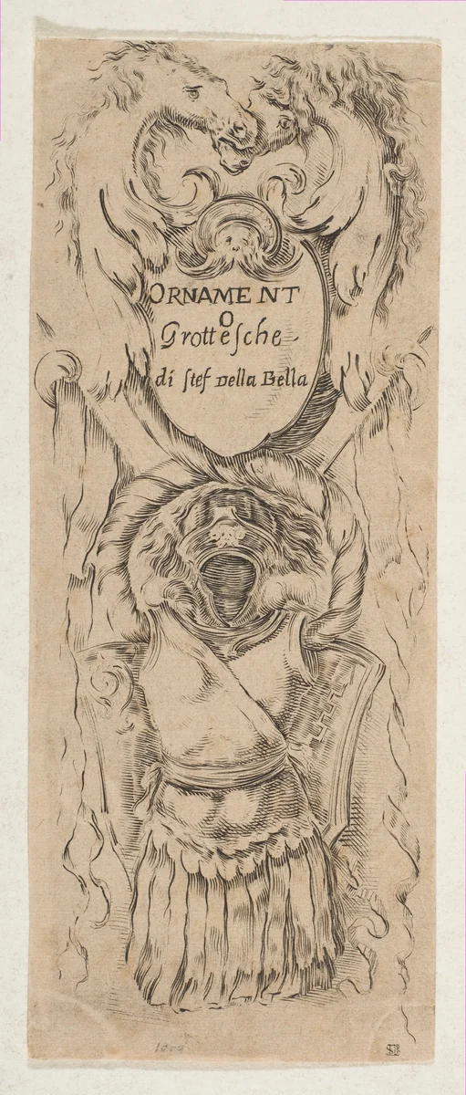 Two Horse Heads Framing a Shield by Stefano della Bella, print, 1648-1658