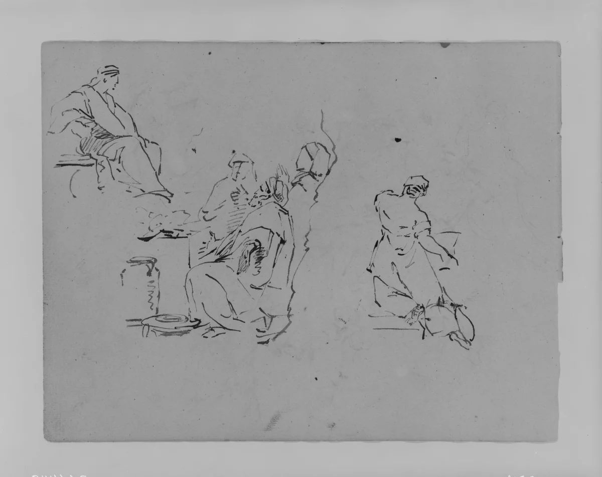 Seated Figure, Three Men in Group, Kneeling Woman from Rear, Kneeling Woman from Rear (from Sketchbook) by Thomas Sully, artwork, 1810-1820