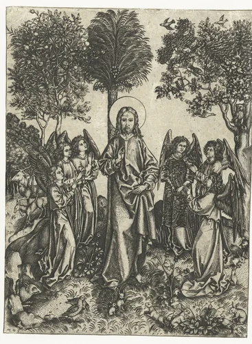 Christus in de wildernis met engelen by Monogrammist IE, print, 1480-1500