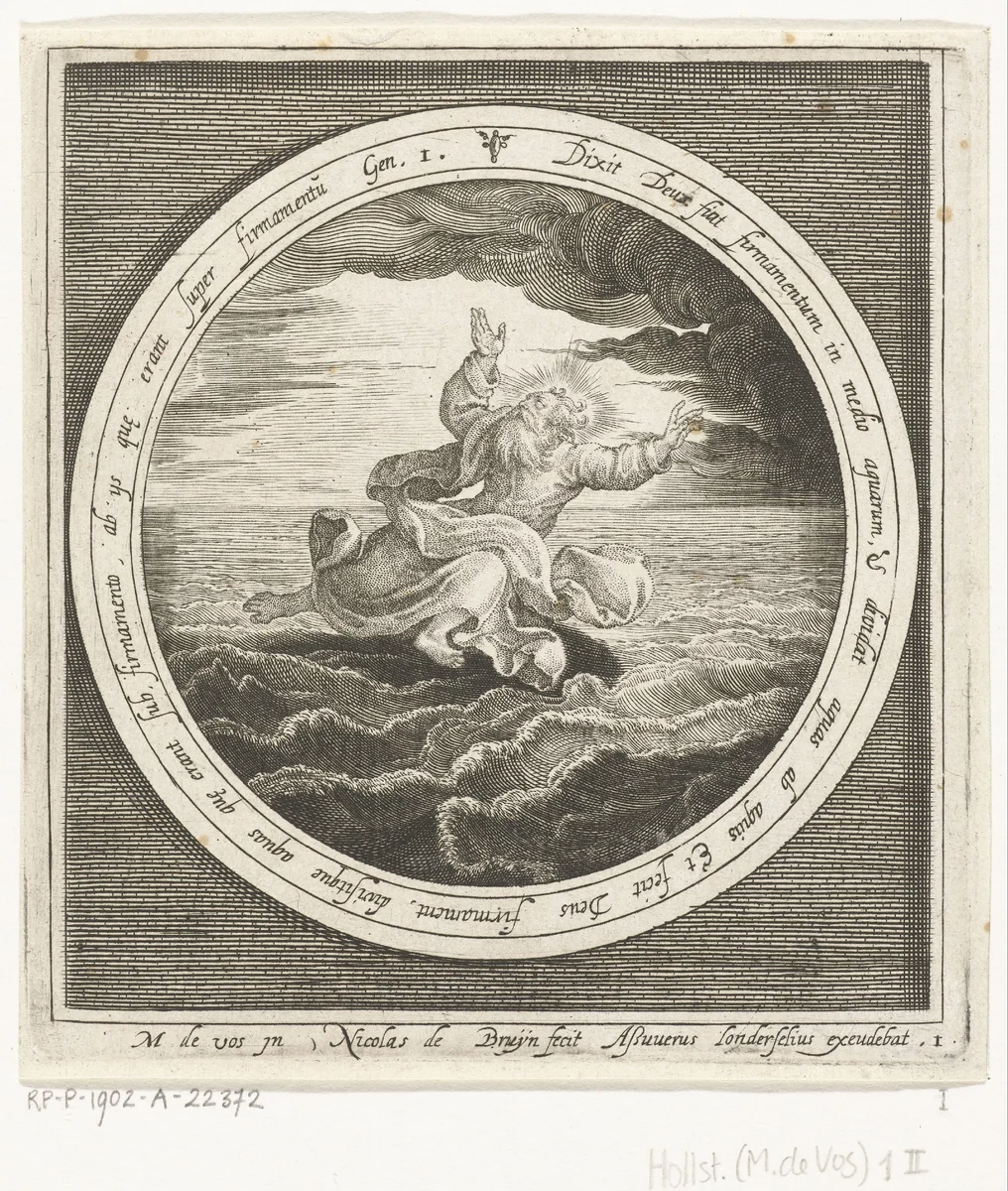 Tweede dag van schepping: God scheidt de watermassa's in hemel en zee by Unknown, print, 1581-1656