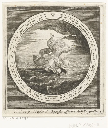 Tweede dag van schepping: God scheidt de watermassa's in hemel en zee by Unknown, print, 1581-1656