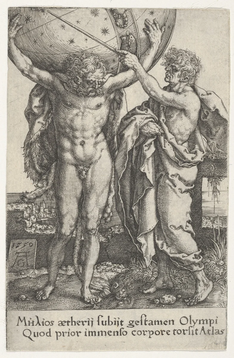 Hercules and Atlas, from "The Labors of Hercules" by Heinrich Aldegrever, print, 1550