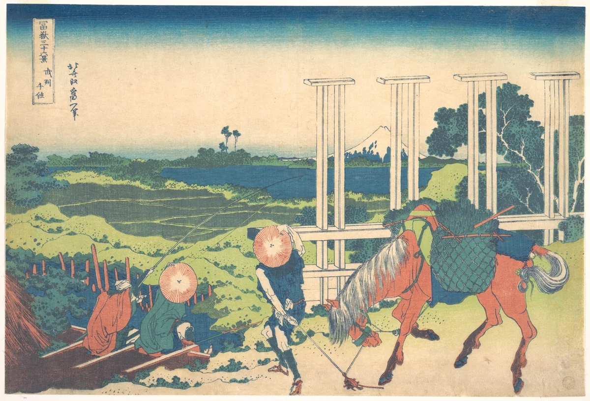 Senju in Musashi Province (Bushū Senju), from the series Thirty-six Views of Mount Fuji (Fugaku sanjūrokkei) by Katsushika Hokusai (葛飾 北斎), print, 1820-1842