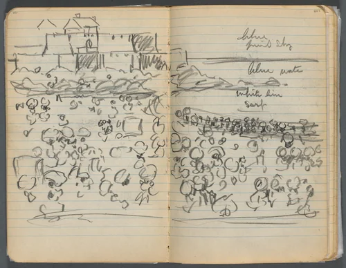 Sketchbook, page 108 &109: Beach View with color notations by Maurice Prendergast, book, 1905-1910