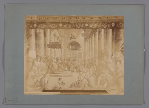 Fotoreproductie van het fresco De gift van Rome door Rafaël in de Sala di Costantino, Vaticaanstad by anonymous, photograph, 1851-1900