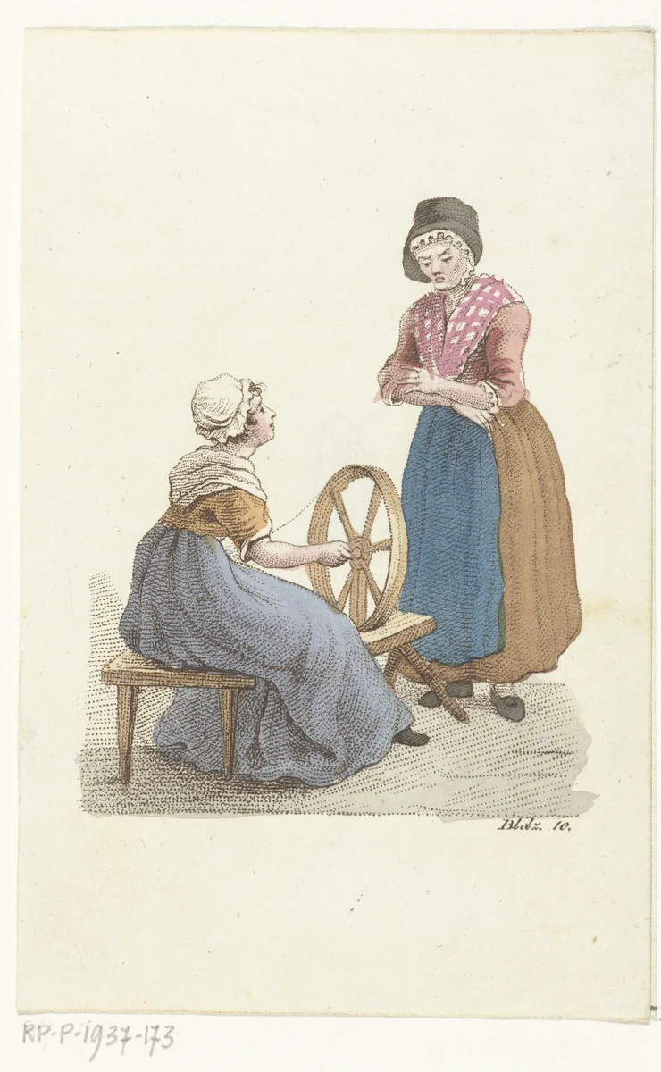 Spinnende vrouw in gesprek met vrouw by Johannes Best, print, 1807-1823