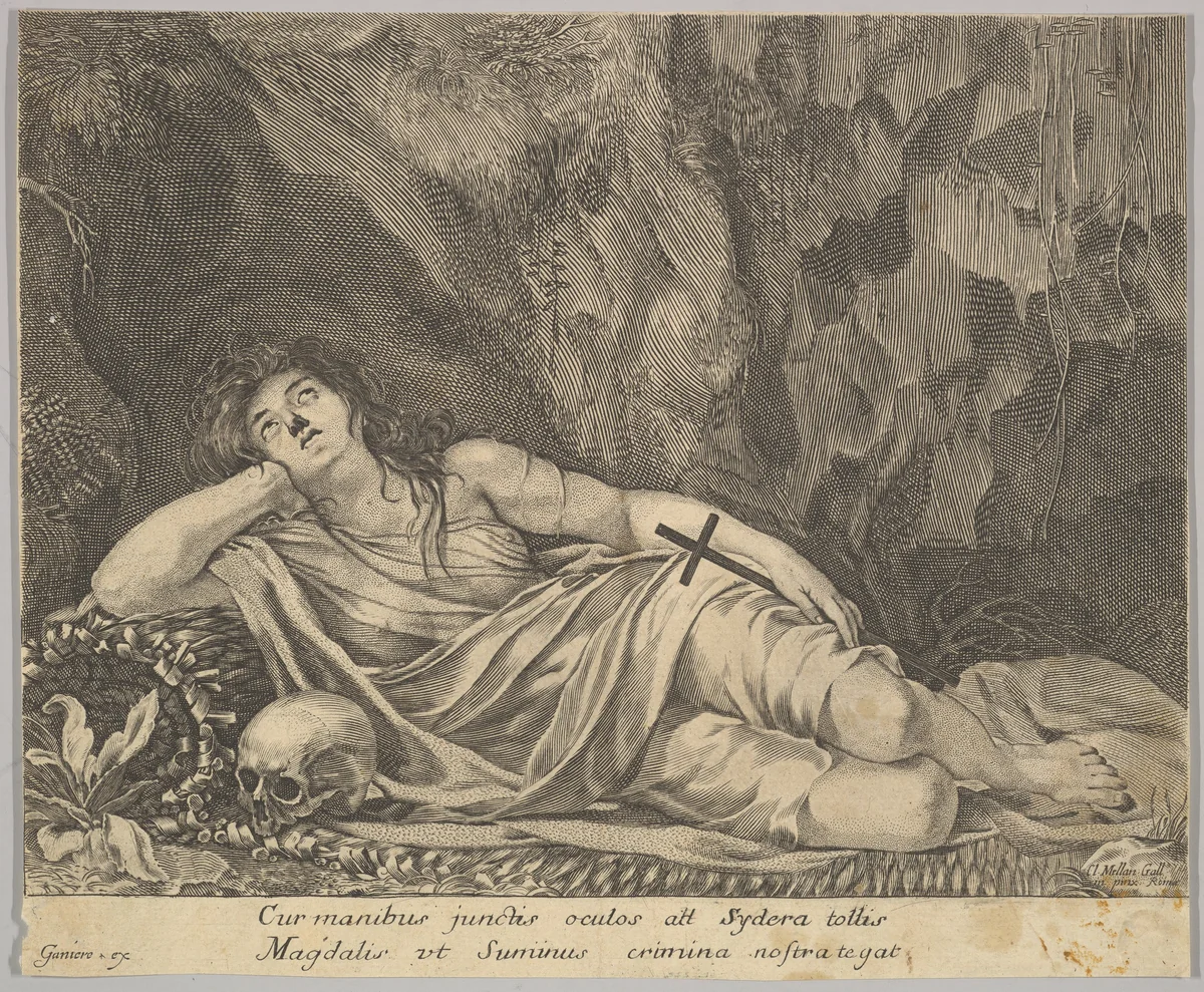 St. Mary Magdalen Reclining in a Grotto by Jean Ganier, print, 1660-1666