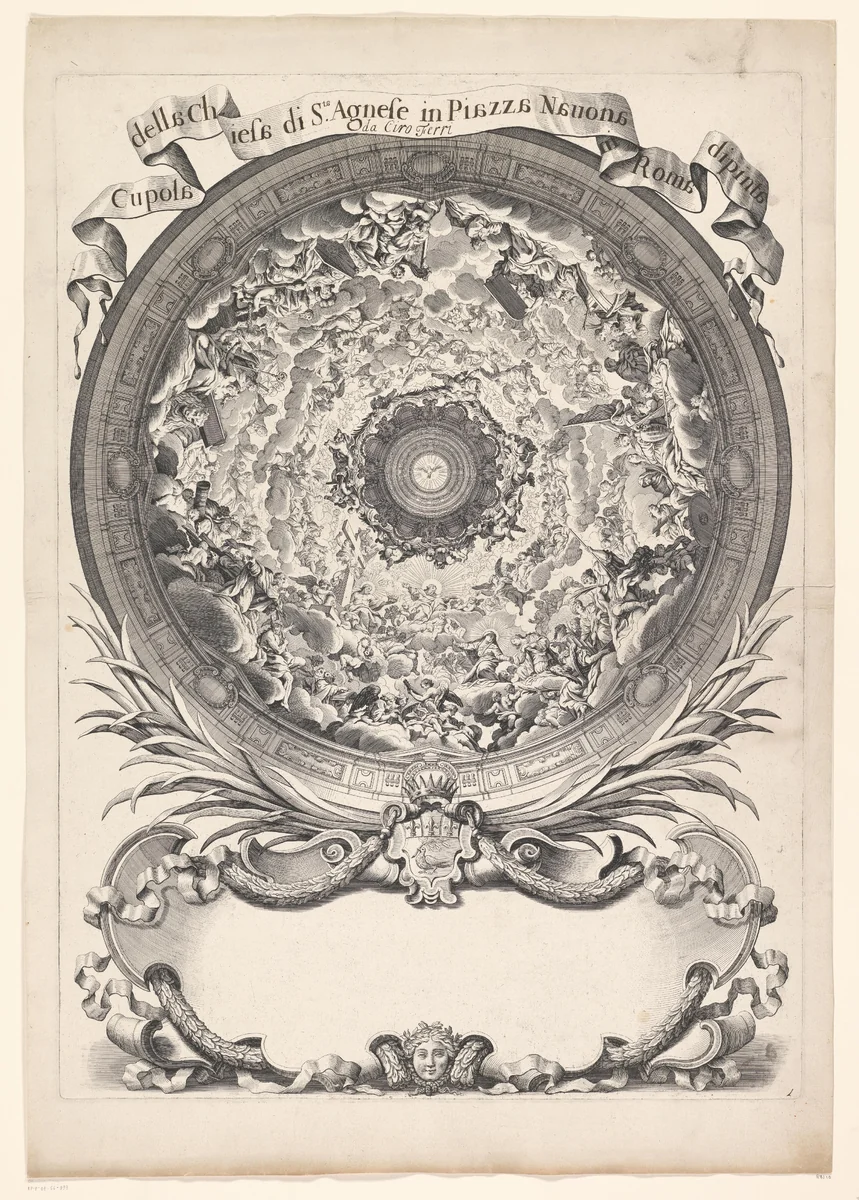 Titelprent met decoratie van het koepelgewelf van Sta. Agnese in Rome by Nicolas Dorigny, print, 1690
