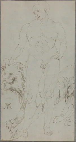 Male Nude with a Lion [verso] by Albrecht Dürer, drawing, 1500