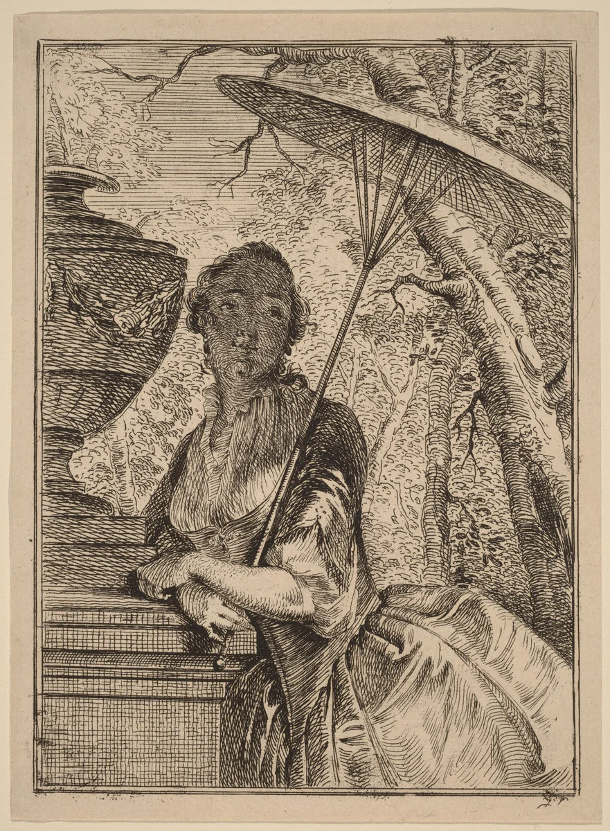 Young Woman Holding a Parasol by Jacob Buys, print, 1724-1801