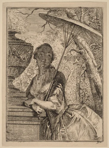 Young Woman Holding a Parasol by Jacob Buys, print, 1724-1801