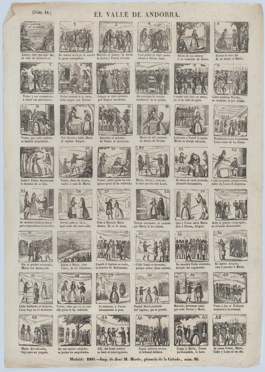 Broadside with 48 scenes from the zarzuela in three acts, 'The Valley of Andorra' by José María Marés, print, 1860