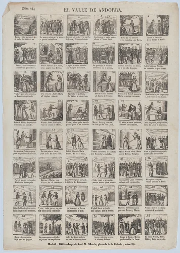 Broadside with 48 scenes from the zarzuela in three acts, 'The Valley of Andorra' by José María Marés, print, 1860