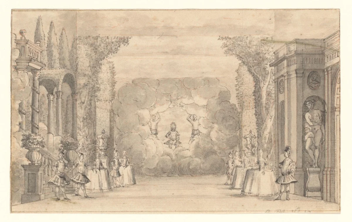 Gezicht op het podium van de schouwburg van Van Campen met voorstelling by anonymous, drawing, 1665-1772