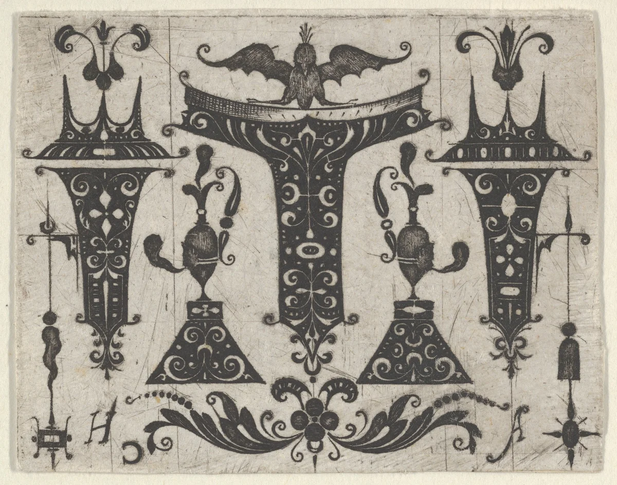 Blackwork Design with Five Motifs by Georg Arnoldt, print, 1576-1636