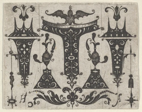 Blackwork Design with Five Motifs by Georg Arnoldt, print, 1576-1636